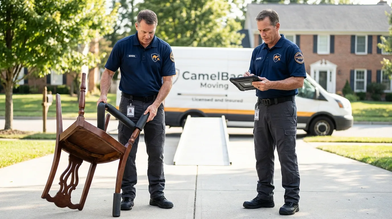 Movers inspecting furniture for damage prevention before loading in Black Canyon City, AZ