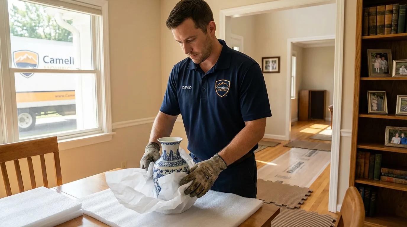 Professional crew carefully wrapping antique vase for senior downsizing move in Black Canyon City, AZ